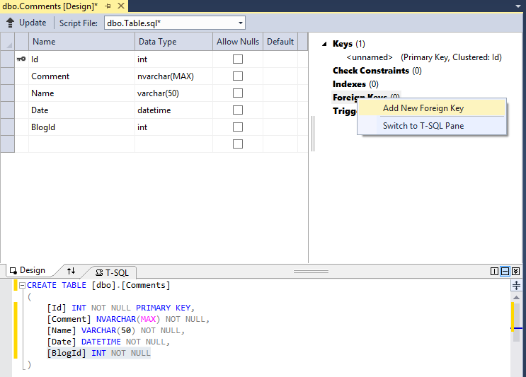 Adding Foreign key in visual studio 2013